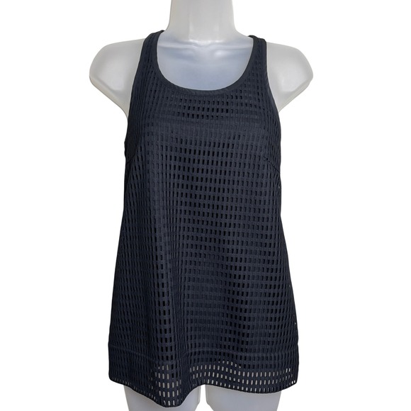 Dkny Tops - DKNY Black Grid Mesh Sheer Knit Racerback Scoop Neck Sleeveless Tank Top Women S